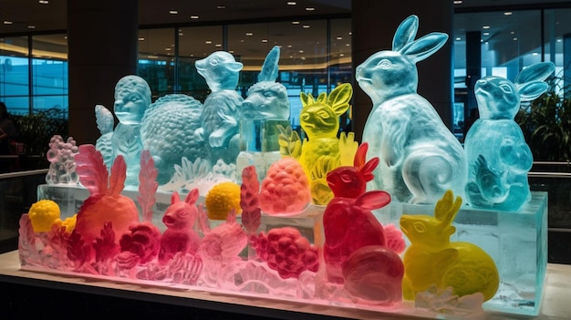 Uma exibição de coelhos de vidro e outros animais é exibida na celebração da véspera de ano novo.
