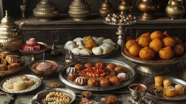 Uma exibição de doces e sobremesas indianas, incluindo gulab jamun rasgulla e jalebi, tentando o espectador com sua irresistível doçura e decadência.