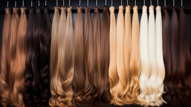 Uma exibição de extensões de cabelo em várias cores e comprimentos