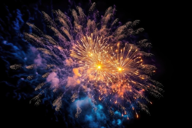 Uma exibição de fogos de artifício coloridos é iluminada no céu noturno.