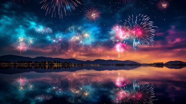 Uma exibição de fogos de artifício coloridos sobre um lago à noite