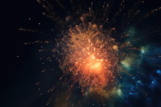 Uma exibição de fogos de artifício no céu com um fundo azul e laranja