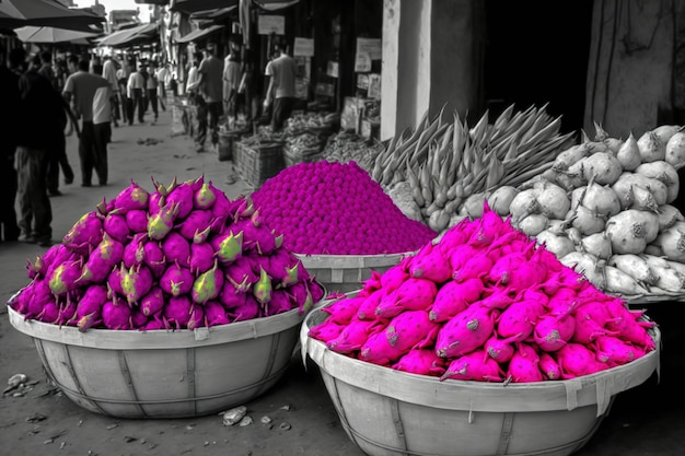 Uma exibição de frutas de dragão inteiras e picadas para venda em mercados indianos