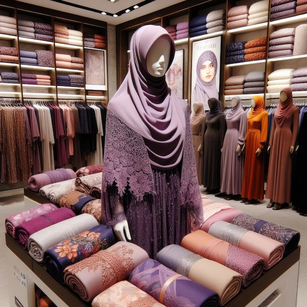 Uma exibição de lenços e xales em uma loja de roupas muçulmanas com um manequim vestindo um hijab roxo