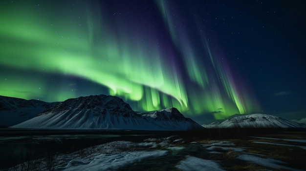 Uma exibição de luzes do norte sobre uma montanha de neve