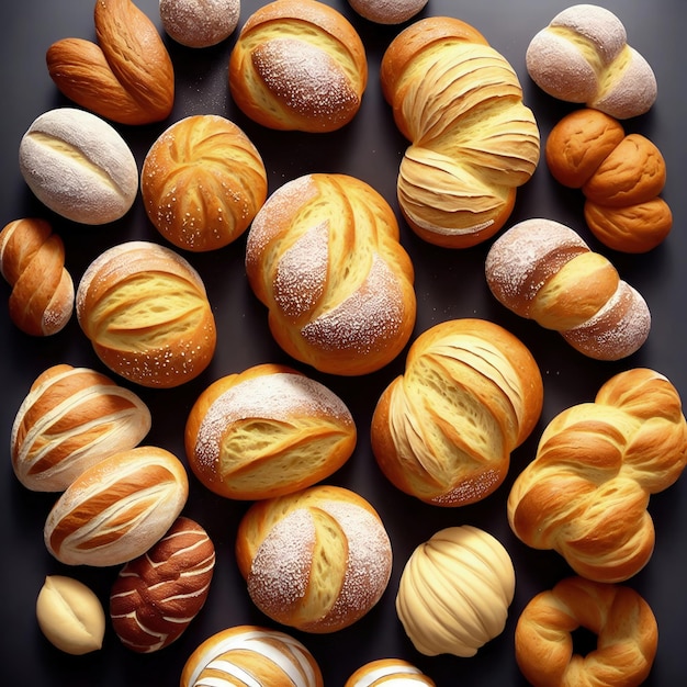 Uma exibição de pães com sabores diferentes, incluindo um com pão.