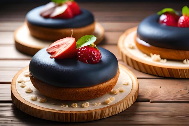 Uma exibição de rosquinhas com frutas no topo