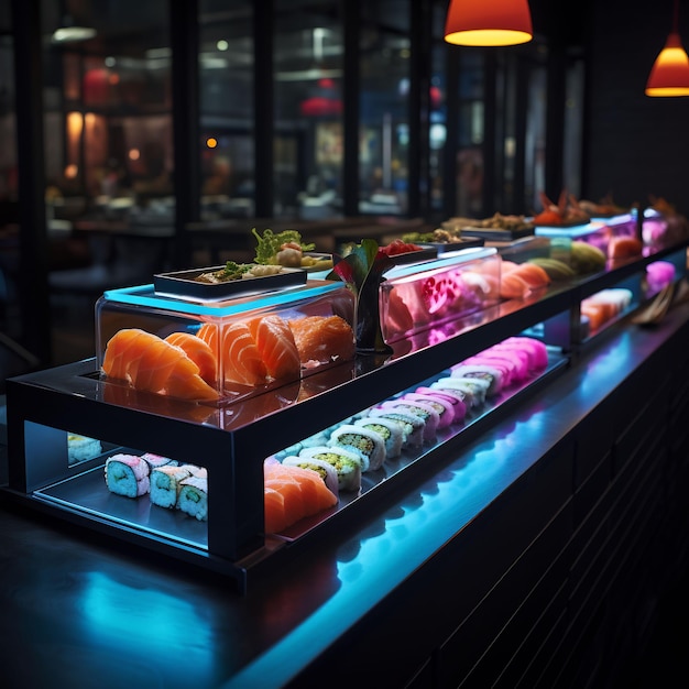 uma exibição de sushi com a palavra " sushi " citada