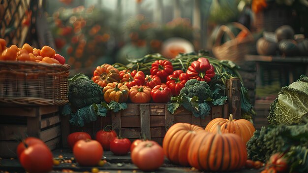 Uma exibição de tomates, brócolis e outros vegetais em uma cesta em uma mesa em uma loja ainda