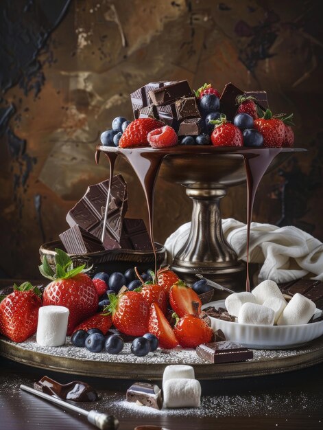 Uma exibição decadente de bagas frescas em cima de uma fonte de chocolate com pedaços de chocolate e marshmallows espalhados por aí