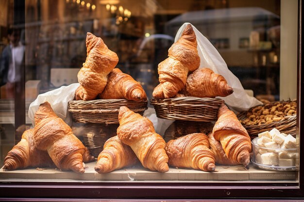 Uma exibição elegante de croissants em uma janela de padaria