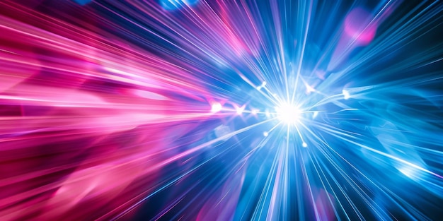 Uma exibição hipnotizante de feixes de luz azul-neon e magenta irradiando de um ponto central e criando uma sensação dinâmica de movimento e energia