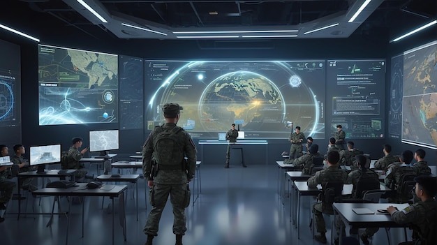 Uma exibição holográfica virtual futurística da sala de aula do exército integrada à experiência de aprendizagem