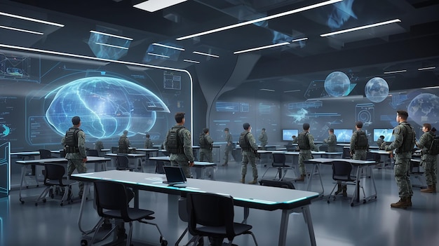 Uma exibição holográfica virtual futurística da sala de aula do exército integrada à experiência de aprendizagem