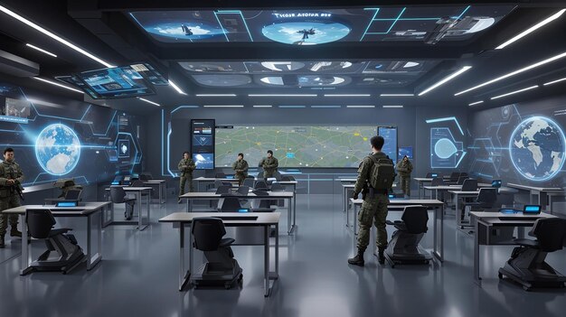 Uma exibição holográfica virtual futurística da sala de aula do exército integrada à experiência de aprendizagem