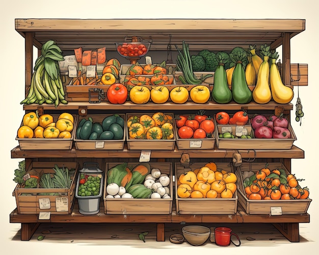 Foto uma exibição organiza frutas e legumes de vários tipos generative ai