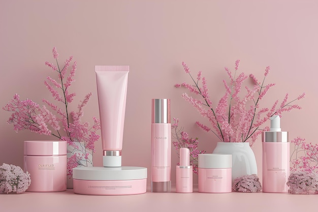 Uma exibição rosa de produtos de cuidados com a pele e flores em um fundo rosa com um fundo rosa e um