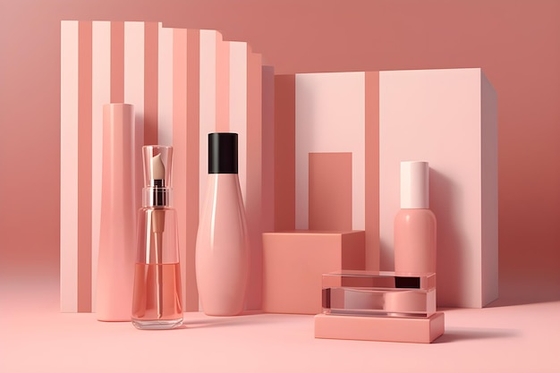 Uma exibição rosa de vários produtos de beleza, incluindo um frasco de perfume.
