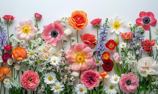 Foto uma exibição vibrante de flores variadas dispostas em uma linha contra um fundo branco gerar ia