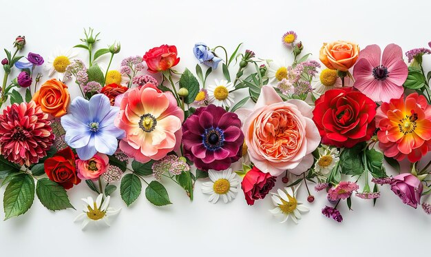 Foto uma exibição vibrante de flores variadas dispostas em uma linha contra um fundo branco gerar ia