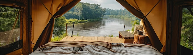 Uma experiência de glamping de luxo numa tenda espaçosa com uma cama confortável