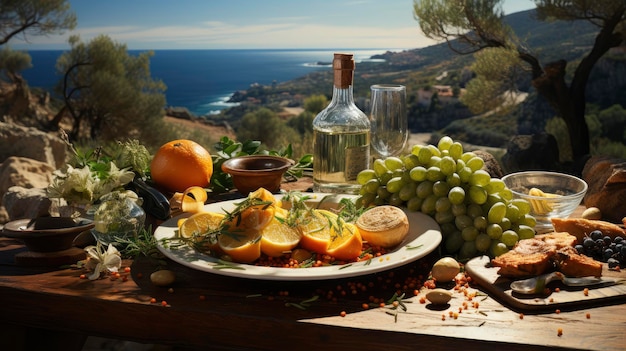 Foto uma experiência de jantar rústica ao lado de um penhasco com frutos do mar frescos e um cenário panorâmico do oceano