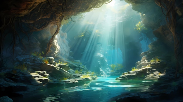 Uma exploração de cavernas subaquáticas com raios de sol atravessando