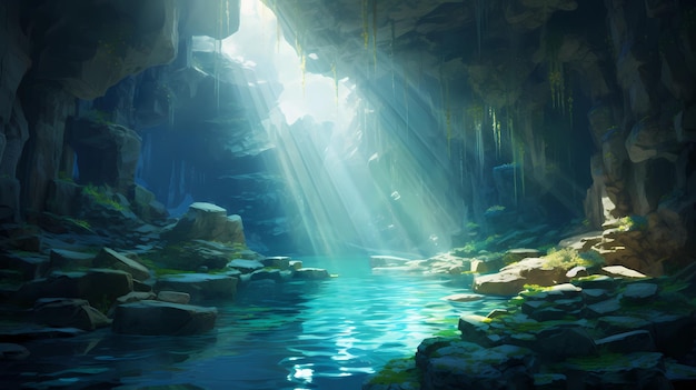 Uma exploração de cavernas subaquáticas com raios de sol atravessando