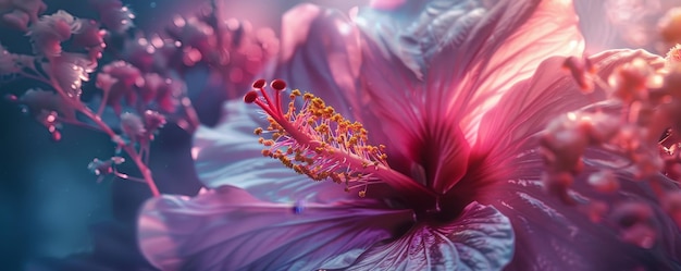 Uma exploração em close-up das delicadas complexidades e cores vibrantes de uma flor de hibisco