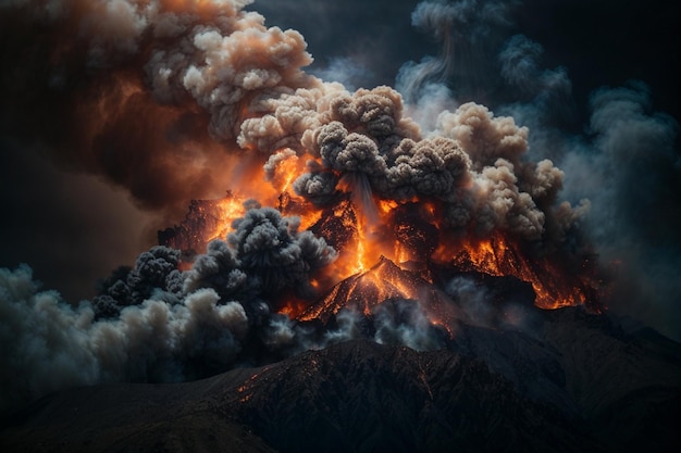 Uma explosão caótica de fumaça e chamas contra um fundo escuro