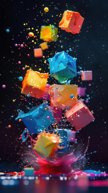 uma explosão colorida de cubos e esferas rebentando de um vaso