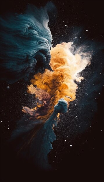 Uma explosão colorida no espaço com a palavra fogo no canto inferior direito.