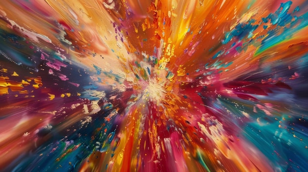 Uma explosão de cores vibrantes espalhou-se para fora em um padrão dinâmico que lembra uma explosão cósmica