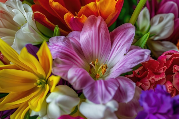 Uma explosão de flores de primavera coloridas revelando detalhes e padrões intrincados