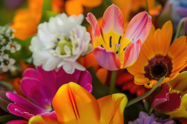 Uma explosão de flores de primavera coloridas revelando detalhes e padrões intrincados