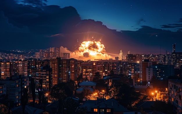 Foto uma explosão irrompe em um ambiente urbano ao anoitecer o brilho de fogo lançando uma luz assombradora sobre os edifícios da cidade sugerindo urgência e perigo