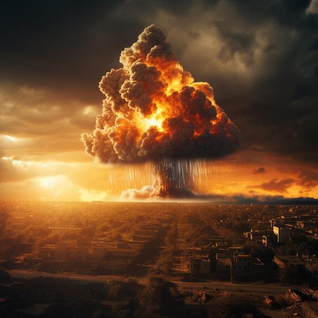 Uma explosão no horizonte de uma cidade fazendo uma nuvem de cogumelo de fogo nuclear em uma guerra apocalíptica