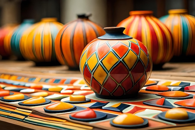 uma exposição colorida de vasos com padrões de cores diferentes.