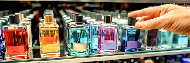 Foto uma exposição curada de perfumes fragrâncias de luxo em uma elegante boutique de perfumes clientes explorar e