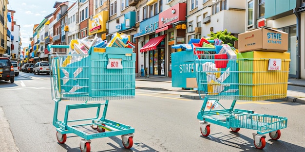 Uma exposição de caixas coloridas e um carrinho de compras com a palavra rígido na parte inferior