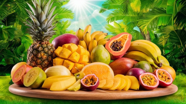 Uma exposição de frutas tropicais dispostas artisticamente em uma tábua de madeira