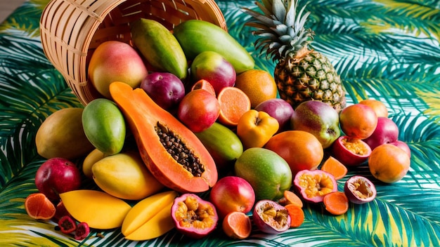 Foto uma exposição de frutas tropicais transbordando de uma cesta de madeira