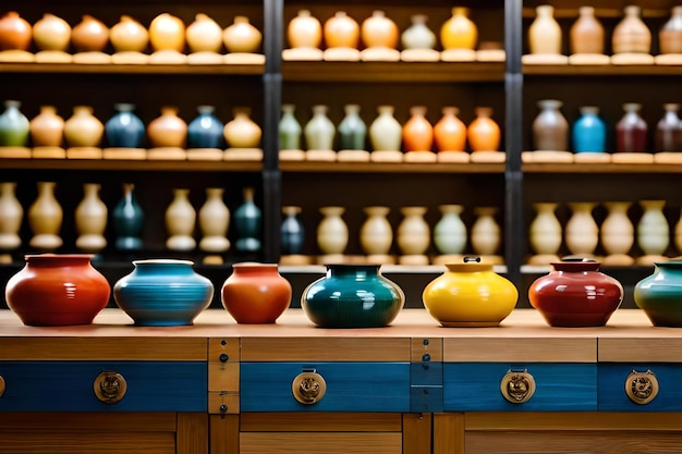 Uma exposição de vasos coloridos e vasos com o número 3.