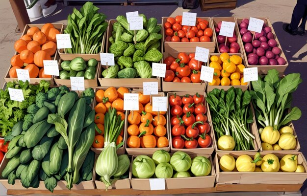 Foto uma exposição de vegetais, incluindo tomates, alface, tomates e outros vegetais