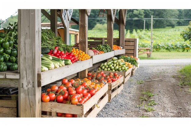 Foto uma exposição de vegetais, incluindo tomates, tomates e pepinos