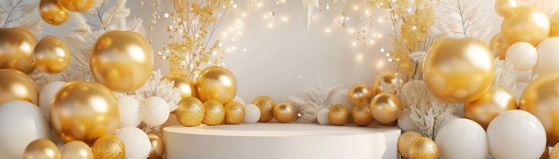 Uma exposição luxuosa com balões dourados e brancos em torno de um pódio branco circular