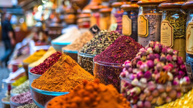 Foto uma exposição vibrante e colorida de especiarias e flores secas num mercado