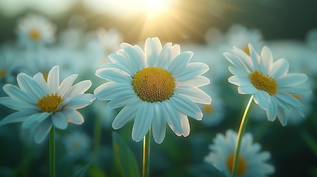 Uma extensão de flores de camomila à luz do sol Um belo campo de margaridas no verão Fonte natural com flores de camamila em flor Medicina alternativa Fonte de flores de primavera de camomile