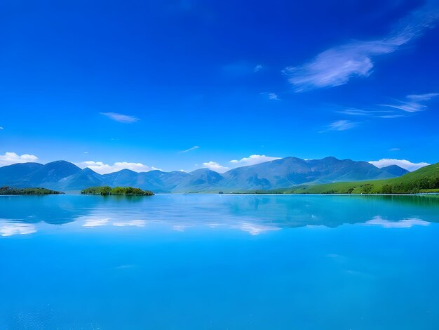 Foto uma extensão vividamente azul se estende pelo horizonte, misturando-se perfeitamente com as montanhas distantes.