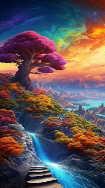 Uma extravagante pintura de paisagem de fantasia com árvores vibrantes e escadas que levam a uma pintura em cascata